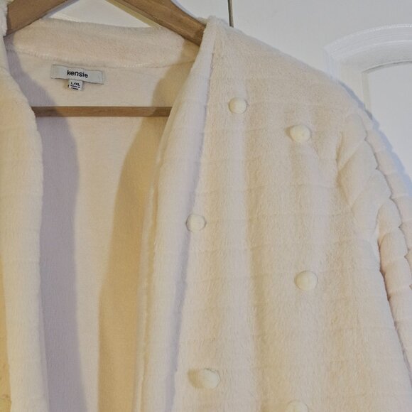 Kensie Cream Plush Lounge Jacket L/XL Cozy Fleece Pom Pom Detail Robe Cardigan - Picture 2 of 8